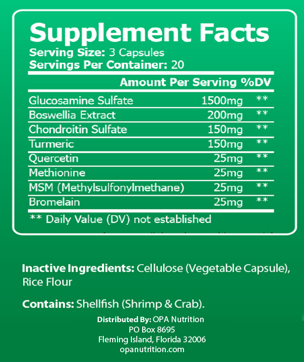 Supplement Facts of OPA Glucosamine Chondroitin with MSM & Turmeric Joint Support Supplement